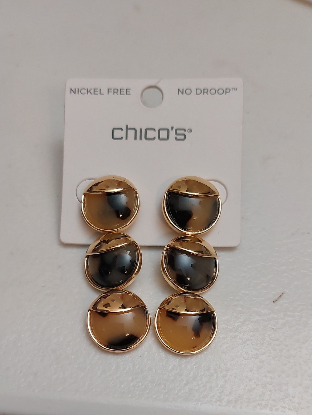 Chico's Chic Faux Tortoise Cabochon And Gold Tone Triple Drop Dangle Earrings